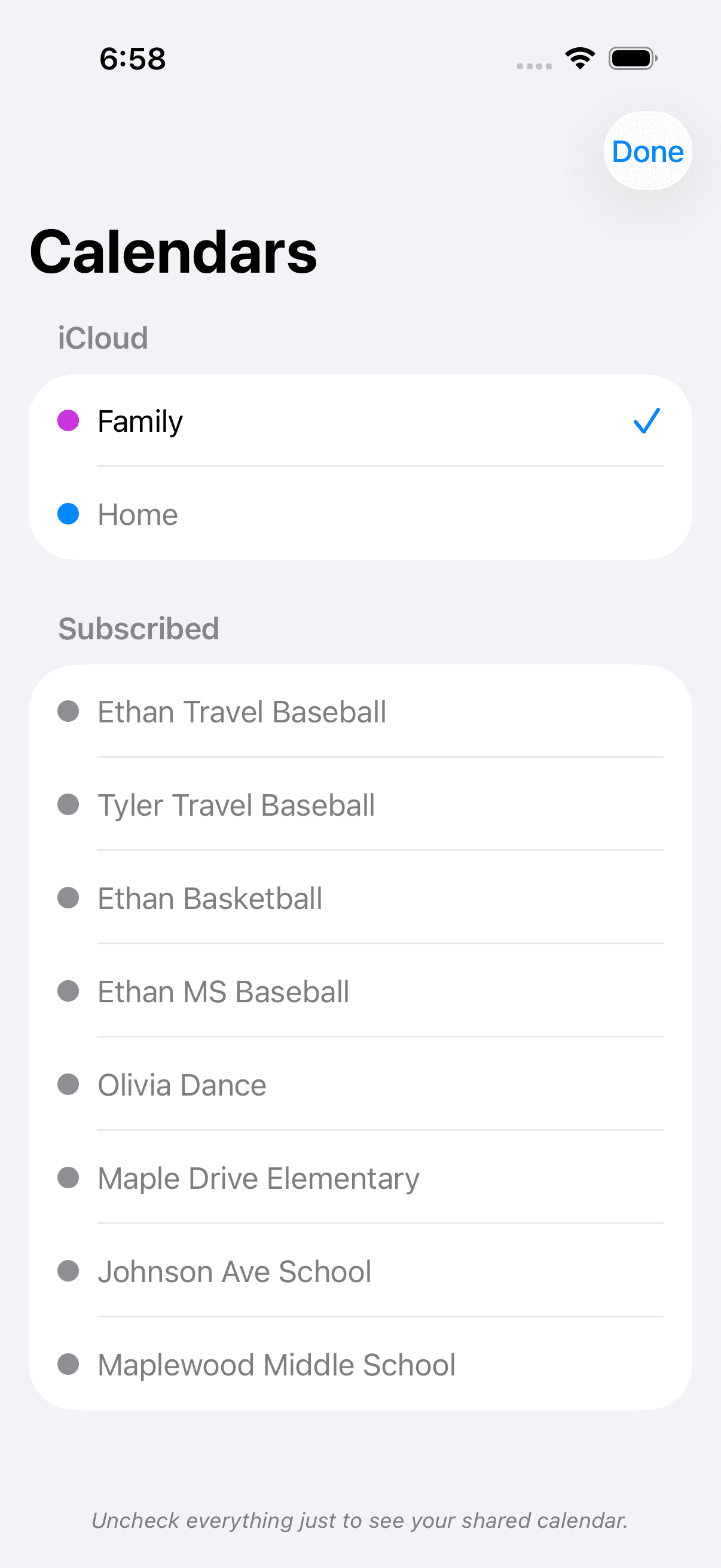 iPhone calendar list with all subscribed calendars unchecked