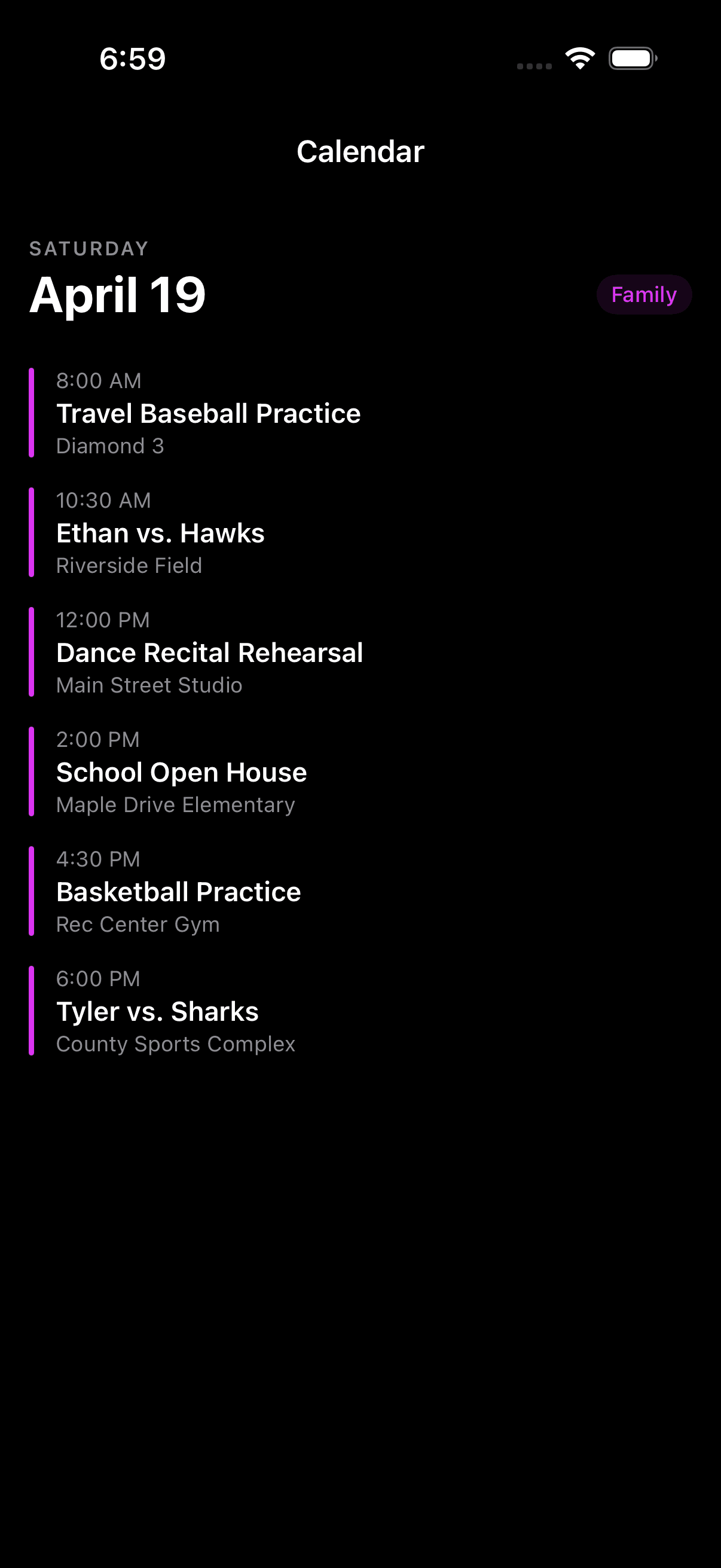 iPhone calendar showing all sports and school events in one view