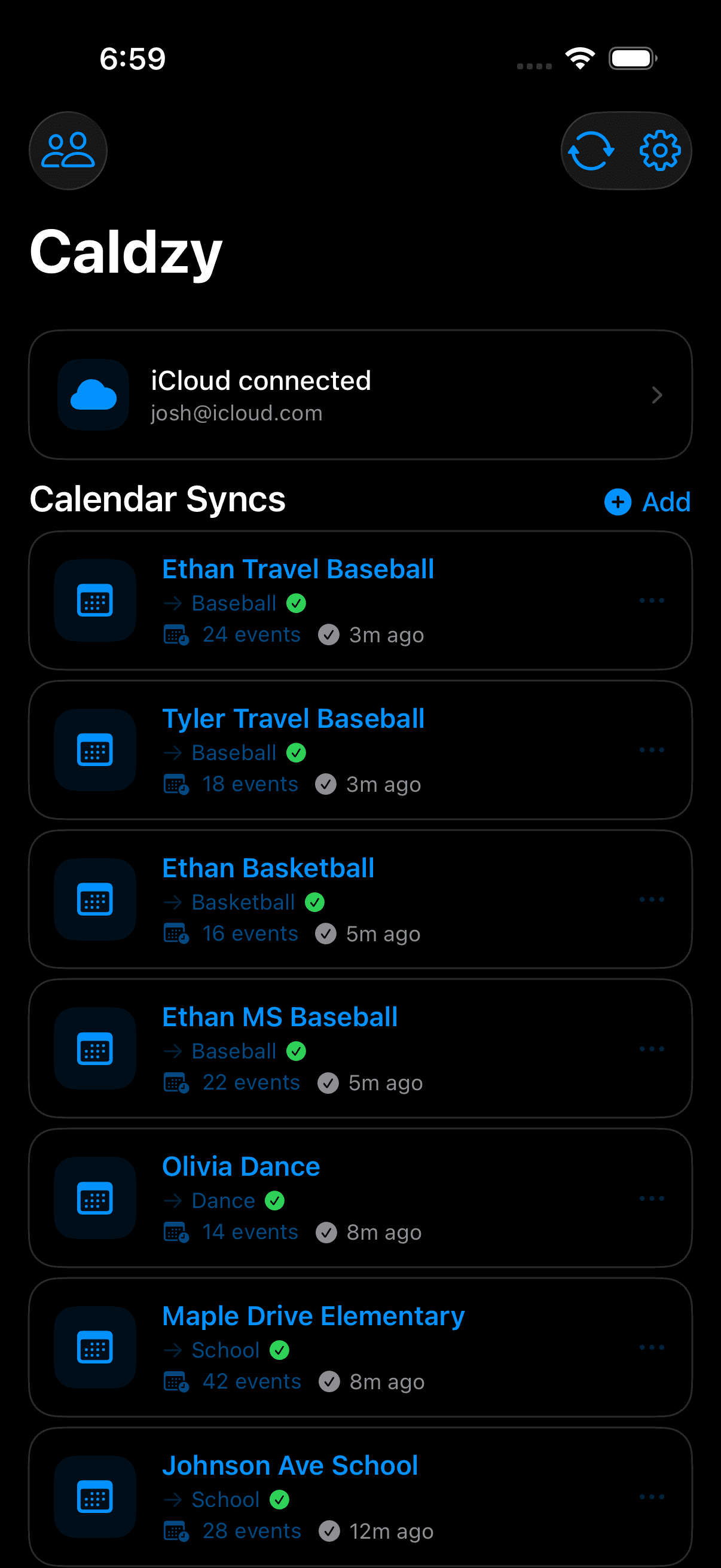 Caldzy dashboard showing synced sports team calendars for iCloud — dark mode