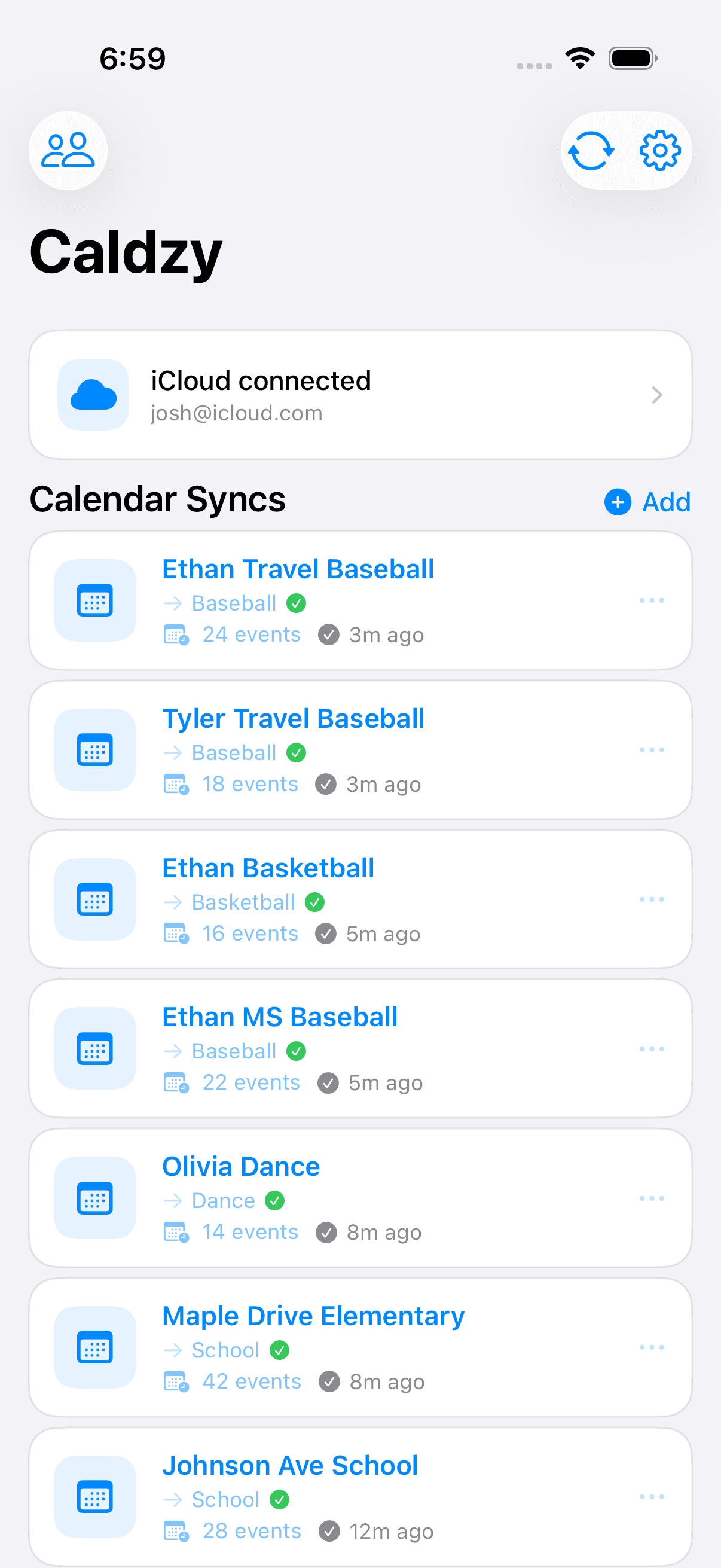 Caldzy dashboard showing synced sports team calendars for iCloud