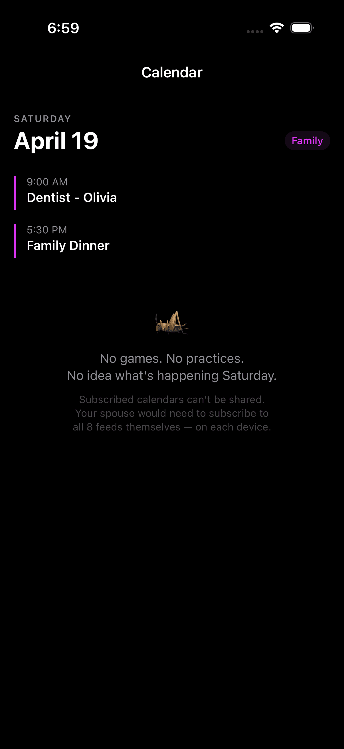 Spouse's iPhone showing only 2 family events, missing all sports