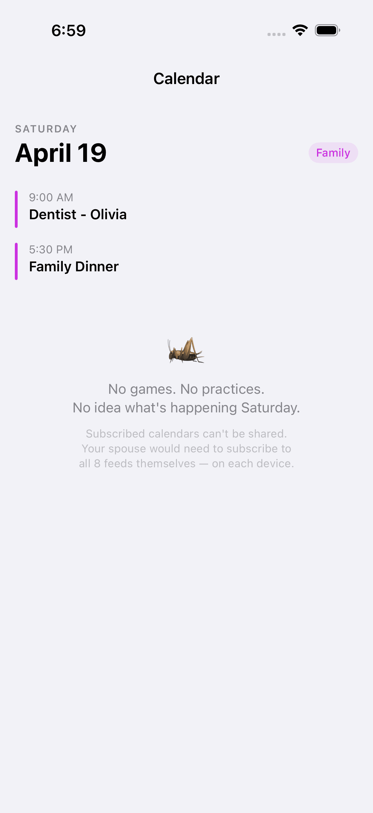 Spouse's iPhone showing only 2 family events, missing all sports