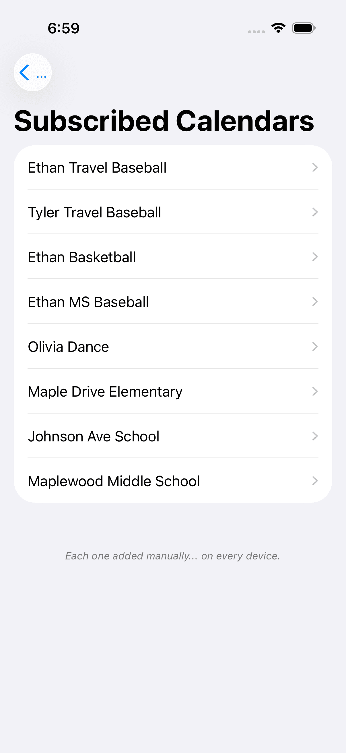 iPhone Settings showing 8 manually subscribed calendars